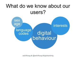 What do we know about our 
users? 
digital 
behaviour 
language 
codes 
astridhaug.dk @astridhaug #sigdukanlimig 
sex 
age 
interests 
 