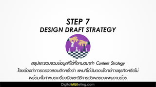 DESIGN DRAFT STRATEGY
STEP 7
สรุปและรวบรวมข้อมูลที่ได้ทั้งหมดมาทำ Content Strategy
โดยต้องทำการตรวจสอบอีกครั้งว่า แผนที่ได้มันตอบโจทย์ทางธุรกิจหรือไม่
พร้อมทั้งกำหนดเครื่องมือและวิธีการวัดผลของแผนงานด้วย
 