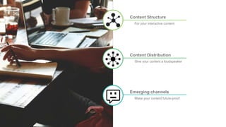 Content Structure
Content Distribution
Give your content a loudspeaker
Emerging channels
For your interactive content
Make your content future-proof
 