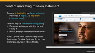 Content marketing mission statement
Become a destination for [target audience]
interested in [topics]. To help them
[customer value].
This will help us [content marketing goals]
• Earn your audience’s attention vs. just
buying it
• Reach, engage and convert NEW buyers
AmEx Open Forum Example: Help Small
Businesses Do More Business. To become
the largest source of inbound leads.
 