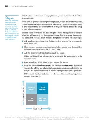 If the business environment is largely the same, make a plan for what content
work to do next.
You’ll need to generate a list of possible projects, which shouldn’t be too hard.
People always have ideas. You can have stakeholders submit those ideas ahead
of time via something like a content brief, or they can present them to the group
in your planning meeting.
The next step is to evaluate the ideas. Chapter 11 went through a similar exercise
when you said yes or no to a list of projects using the core strategy statement as
the litmus test. You’ll do much the same thing here, but with a little more rigor.
1	 Ask people to present only ideas that they believe pass the core strategy state-
ment litmus test.
2	 Make sure everyone understands each idea before moving on to the next. Have
someone summarize each idea on a sticky note.
3	 Ask the group to work together to evaluate the ideas.
I like to do this with a scoring system or a quadrant. Let’s assume you go the
quadrant route.
4	 Draw a quadrant on the board or show one on the screen.
5	 Label one axis withBusiness Impactand the other withUser Need. If you want,
you can also add the level of priority for each quadrant, as shown below. Or you
can just talk about how the level of priority corresponds with each quadrant.
If this sounds familiar, it’s because you did almost the same thing to prioritize
content in Chapter 13.
LOW
PRIORITY
HIGH
PRIORITY
MEDIUM
PRIORITY
MEDIUM
PRIORITY
USER NEED
BUSINESSIMPACT
 TIP  TIP 
If you can effectivelyIf you can effectively
integrate contentintegrate content
product planningproduct planning
with other strategicwith other strategic
planning processes,planning processes,
do it. It’s efficient.do it. It’s efficient.
And your stakeholdAnd your stakehold--
ers will thank you forers will thank you for
reducing the numberreducing the number
of meetings theyof meetings they
have to attend.have to attend.
210  E  THE CONTENT STRATEGY TOOLKIT
Excerpted from The Content Strategy Toolkit: Methods, Guidelines, and Templates for Getting Content Right by Meghan Casey.
Copyright © 2015. All rights reserved by Pearson Education, Inc. and New Riders.
 