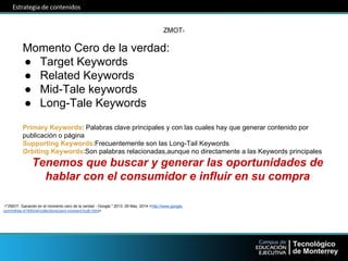 ZMOT1 
Momento Cero de la verdad: 
● Target Keywords 
● Related Keywords 
● Mid-Tale keywords 
● Long-Tale Keywords 
Primary Keywords: Palabras clave principales y con las cuales hay que generar contenido por 
publicación o página 
Supporting Keywords:Frecuentemente son las Long-Tail Keywords 
Orbiting Keywords:Son palabras relacionadas,aunque no directamente a las Keywords principales 
Tenemos que buscar y generar las oportunidades de 
hablar con el consumidor e influir en su compra 
1"ZMOT: Ganando en el momento cero de la verdad - Google." 2013. 29 May. 2014 <http://www.google. 
com/intl/es-419/think/collections/zero-moment-truth.html> 
 