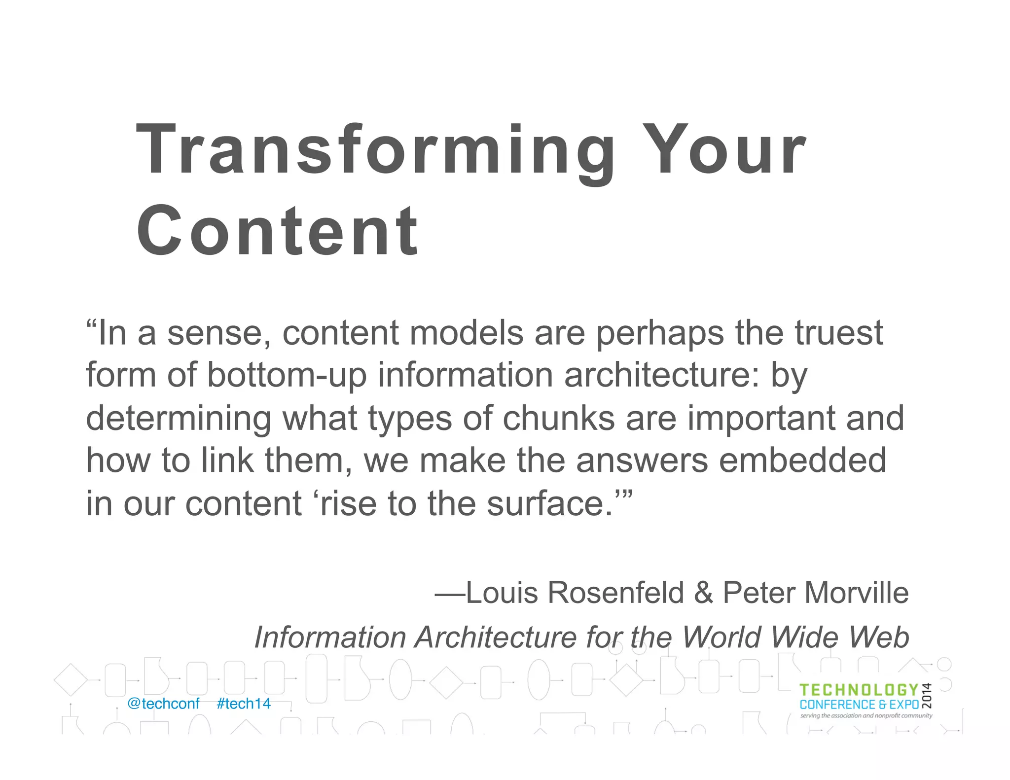 Outcomes
•  Agree	
  upon	
  controlled	
  vocabulary	
  
•  Validate	
  with	
  users	
  
•  Determine	
  who	
  will	
  tag	
  content	
  
 