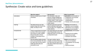 17
Mad*Pow | @marsinthestars
Synthesize: Create voice and tone guidelines
 