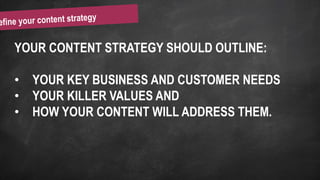 YOUR CONTENT STRATEGY SHOULD OUTLINE:
• YOUR KEY BUSINESS AND CUSTOMER NEEDS
• YOUR KILLER VALUES AND
• HOW YOUR CONTENT WILL ADDRESS THEM.
 