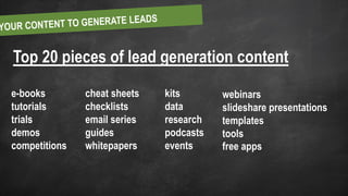 Top 20 pieces of lead generation content
webinars
slideshare presentations
templates
tools
free apps
e-books
tutorials
trials
demos
competitions
cheat sheets
checklists
email series
guides
whitepapers
kits
data
research
podcasts
events
 