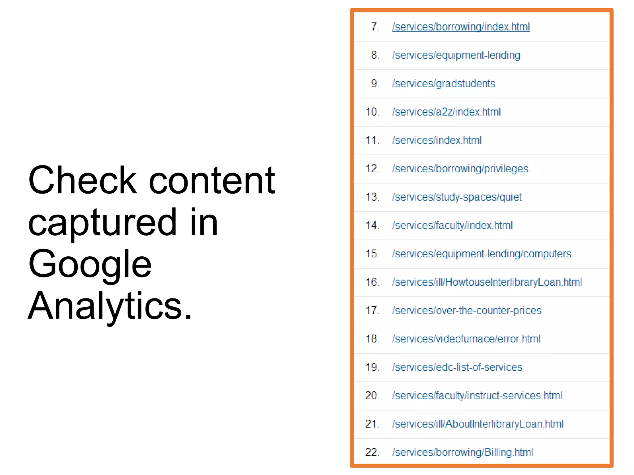 Check content
captured in
Google
Analytics.
 