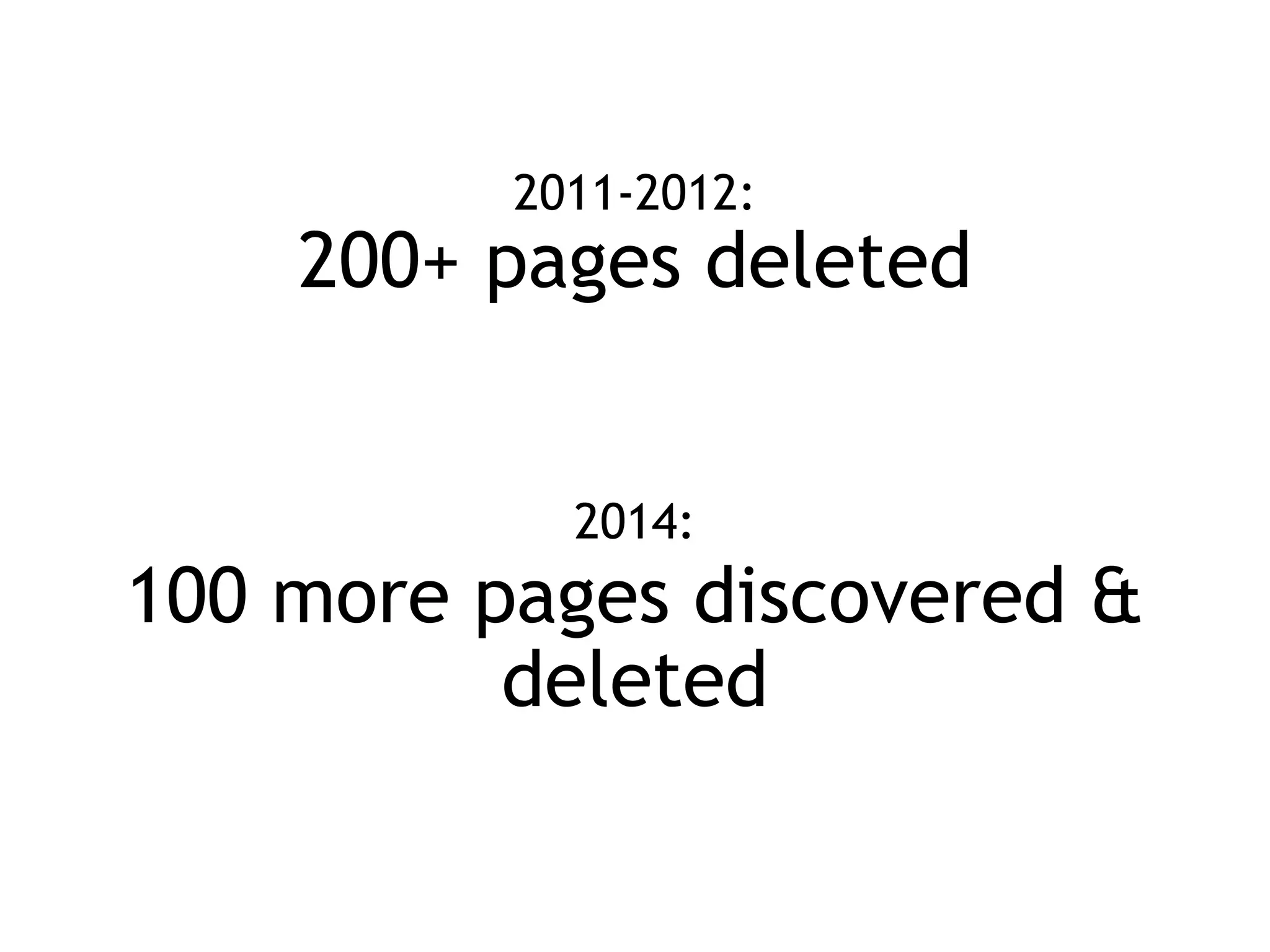 2011-2012:
200+ pages deleted
2014:
100 more pages discovered &
deleted
 