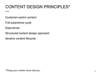 CONTENT DESIGN PRINCIPLES*
Customer-centric content
Full experience cycle
Data-driven

Structured content design approach
...