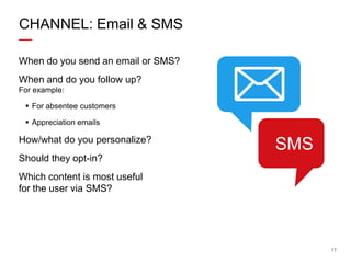 CHANNEL: Email & SMS
When do you send an email or SMS?
When and do you follow up?
For example:
 For absentee customers
 ...