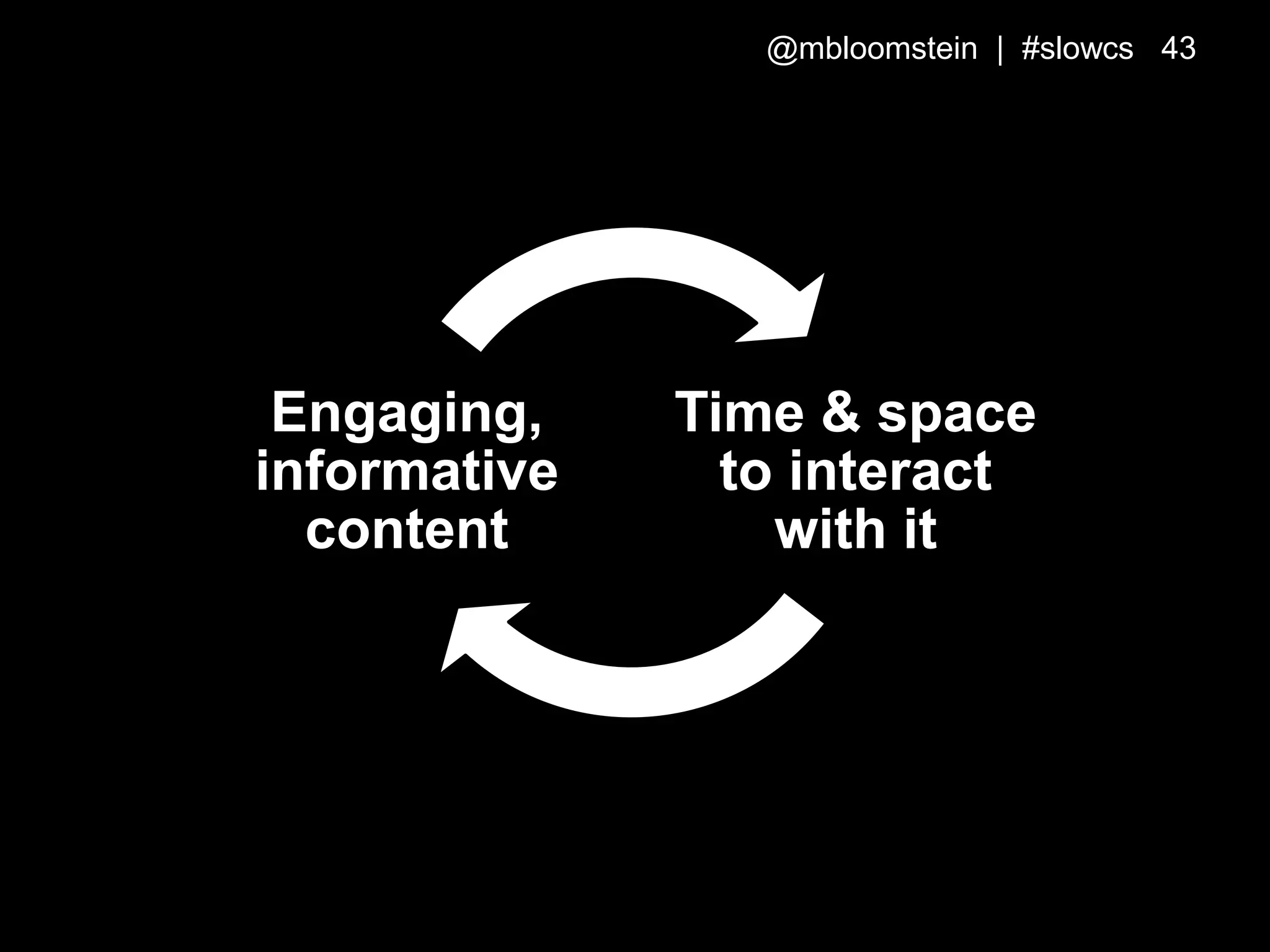 Time & space
to interact
with it
Engaging,
informative
content
@mbloomstein | #slowcs 43
 