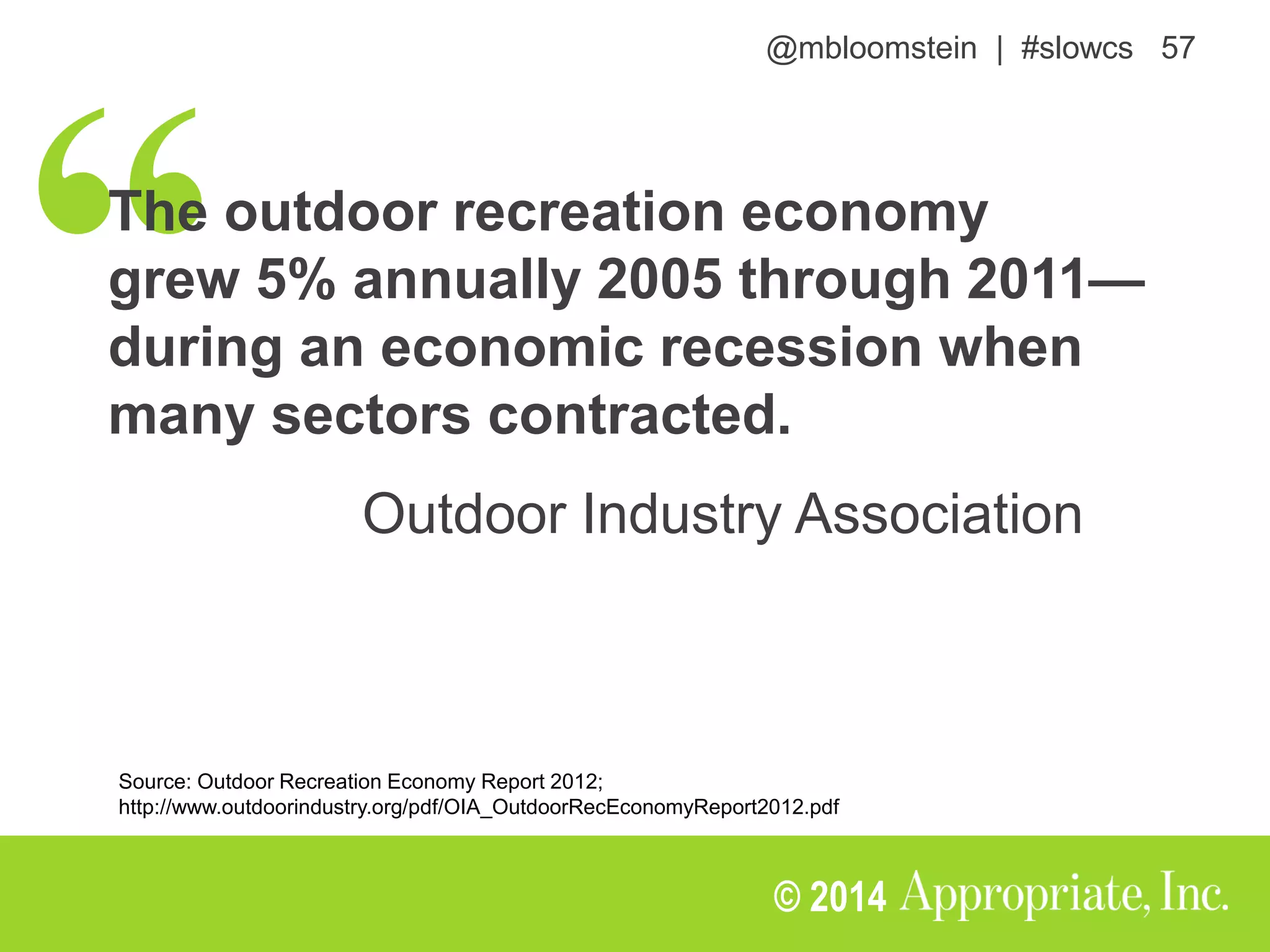 @mbloomstein | #slowcs 57
© 2014
The outdoor recreation economy
grew 5% annually 2005 through 2011—
during an economic recession when
many sectors contracted.
Outdoor Industry Association
Source: Outdoor Recreation Economy Report 2012;
http://www.outdoorindustry.org/pdf/OIA_OutdoorRecEconomyReport2012.pdf
 
