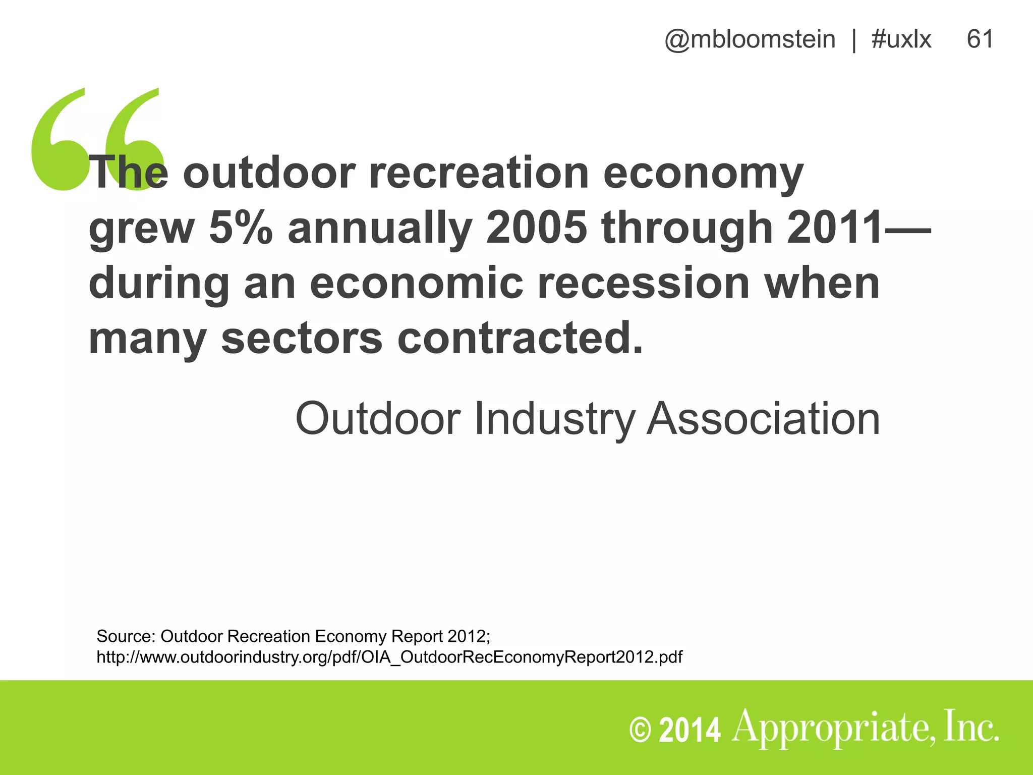 @mbloomstein | #uxlx 61
© 2014
The outdoor recreation economy
grew 5% annually 2005 through 2011—
during an economic recession when
many sectors contracted.
Outdoor Industry Association
Source: Outdoor Recreation Economy Report 2012;
http://www.outdoorindustry.org/pdf/OIA_OutdoorRecEconomyReport2012.pdf
 