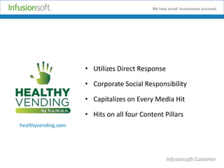 We help small businesses succeed.

• Utilizes Direct Response
• Corporate Social Responsibility
• Capitalizes on Every Media Hit
• Hits on all four Content Pillars
healthyvending.com

Infusionsoft Customer

 