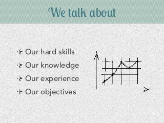 We talk about
Our hard skills
Our knowledge
Our experience
Our objectives
 