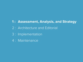 29
How To Get There
1 : Assessment, Analysis, and Strategy
2 : Architecture and Editorial
3 : Implementation
4 : Maintenance
 