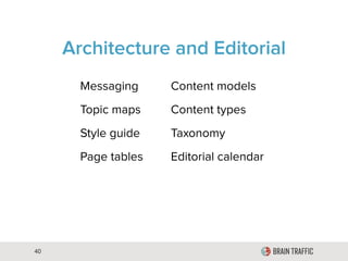 40
Messaging Content models
Topic maps Content types
Style guide Taxonomy
Page tables Editorial calendar
Architecture and Editorial
 