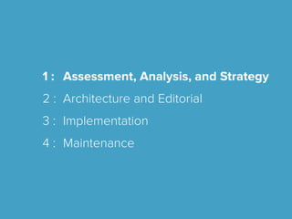 29
How To Get There
1 : Assessment, Analysis, and Strategy
2 : Architecture and Editorial
3 : Implementation
4 : Maintenan...