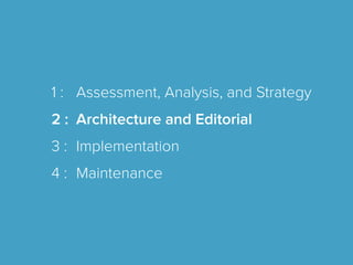 1 : Assessment, Analysis, and Strategy
2 : Architecture and Editorial
3 : Implementation
4 : Maintenance
 