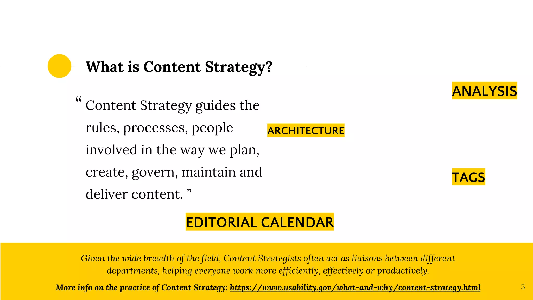 What is Content Strategy?
Content Strategy guides the
rules, processes, people
involved in the way we plan,
create, govern, maintain and
deliver content. ”
Given the wide breadth of the field, Content Strategists often act as liaisons between different
departments, helping everyone work more efficiently, effectively or productively.
More info on the practice of Content Strategy: https://www.usability.gov/what-and-why/content-strategy.html 5
“
ARCHITECTURE
ANALYSIS
TAGS
EDITORIAL CALENDAR
 