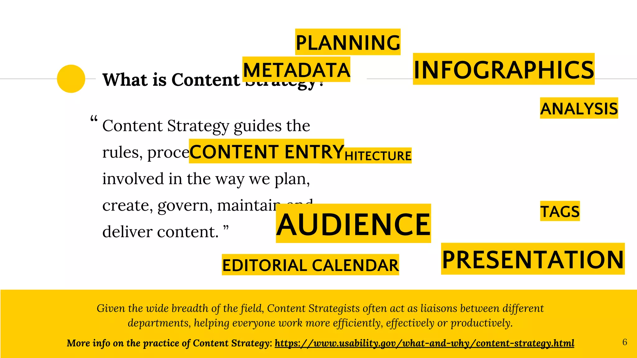What is Content Strategy?
Content Strategy guides the
rules, processes, people
involved in the way we plan,
create, govern, maintain and
deliver content. ”
Given the wide breadth of the field, Content Strategists often act as liaisons between different
departments, helping everyone work more efficiently, effectively or productively.
More info on the practice of Content Strategy: https://www.usability.gov/what-and-why/content-strategy.html 6
“
INFOGRAPHICS
PLANNING
ARCHITECTURE
ANALYSIS
PRESENTATION
AUDIENCE
TAGS
EDITORIAL CALENDAR
METADATA
CONTENT ENTRY
 