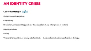Content strategy
Content marketing strategy
Copywriting
Newsletters, articles or blog posts (or the production of any other pieces of content)
Managing writers
Editing
Voice and tone guidelines (or any set of artifacts — these are tactical outcomes of content strategy)
AN IDENTITY CRISIS
 