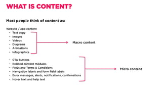 Most people think of content as:
Website / app content
•  Text copy
•  Images
•  Videos
•  Diagrams
•  Animations
•  Infographics
•  CTA buttons
•  Related content modules
•  FAQs and Terms & Conditions
•  Navigation labels and form ﬁeld labels
•  Error messages, alerts, notiﬁcations, conﬁrmations
•  Hover text and help text
WHAT IS CONTENT?
Macro content
Micro content
 