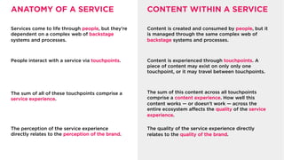 ANATOMY OF A SERVICE
Content is created and consumed by people, but it
is managed through the same complex web of
backstage systems and processes.
Content is experienced through touchpoints. A
piece of content may exist on only only one
touchpoint, or it may travel between touchpoints.
The sum of this content across all touchpoints
comprises a content experience. How well this
content works — or doesn’t work — across the
entire ecosystem aﬀects the quality of the service
experience.
The quality of the service experience directly
relates to the quality of the brand.
CONTENT WITHIN A SERVICE
Services come to life through people, but they’re
dependent on a complex web of backstage
systems and processes.
People interact with a service via touchpoints.
The sum of all of these touchpoints comprises a
service experience.
The perception of the service experience
directly relates to the perception of the brand.
 