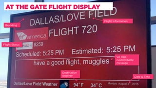 AT THE GATE FLIGHT DISPLAY
Flight Status
Date & Time
Destination
weather
VA Rep
customizable
message
Flight Information
Branding
 