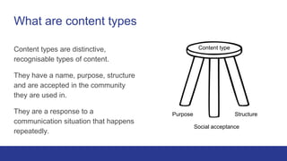 Content types are distinctive,
recognisable types of content.
They have a name, purpose, structure
and are accepted in the...