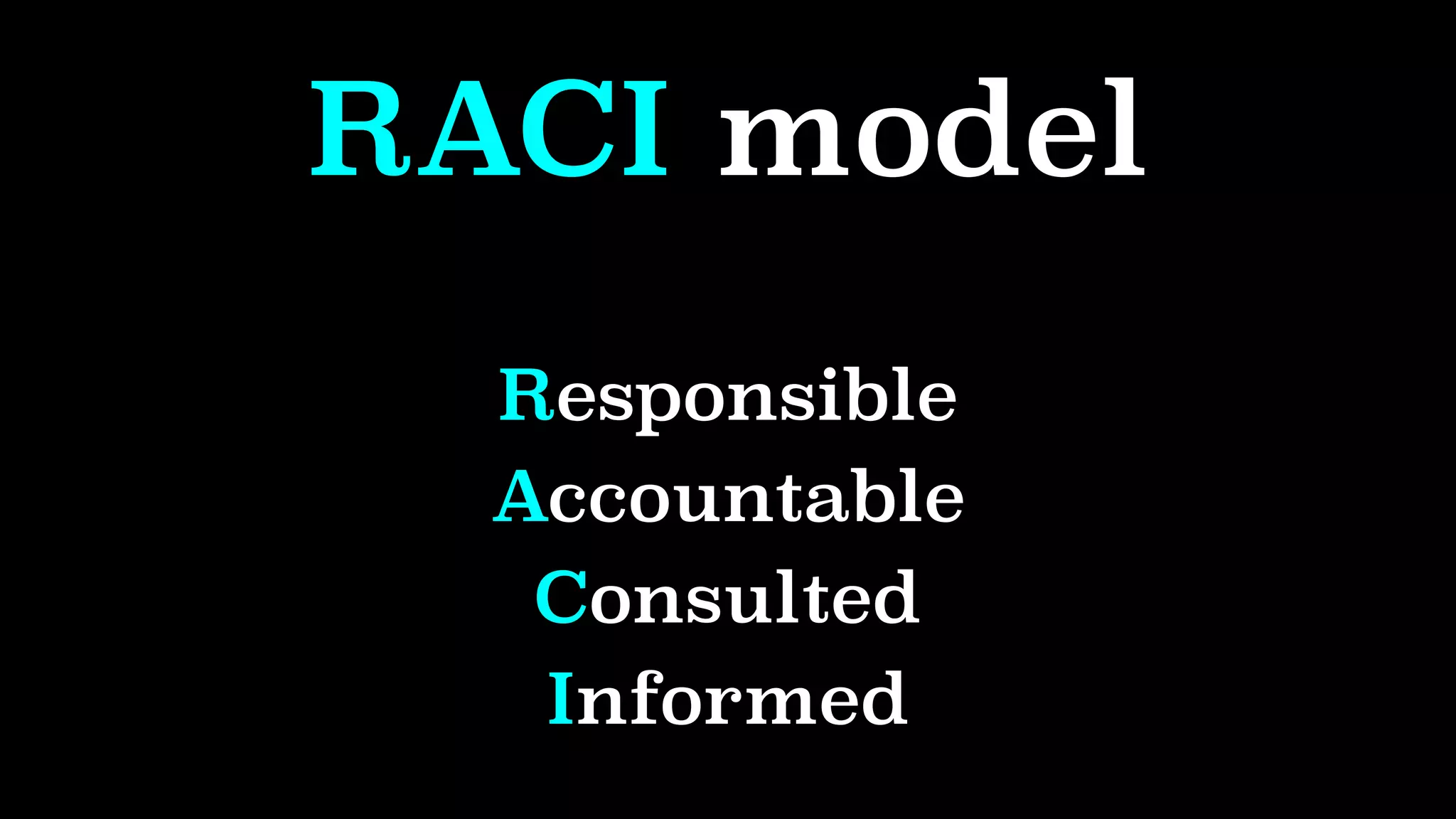 RACI model
Responsible
Accountable
Consulted
Informed
 