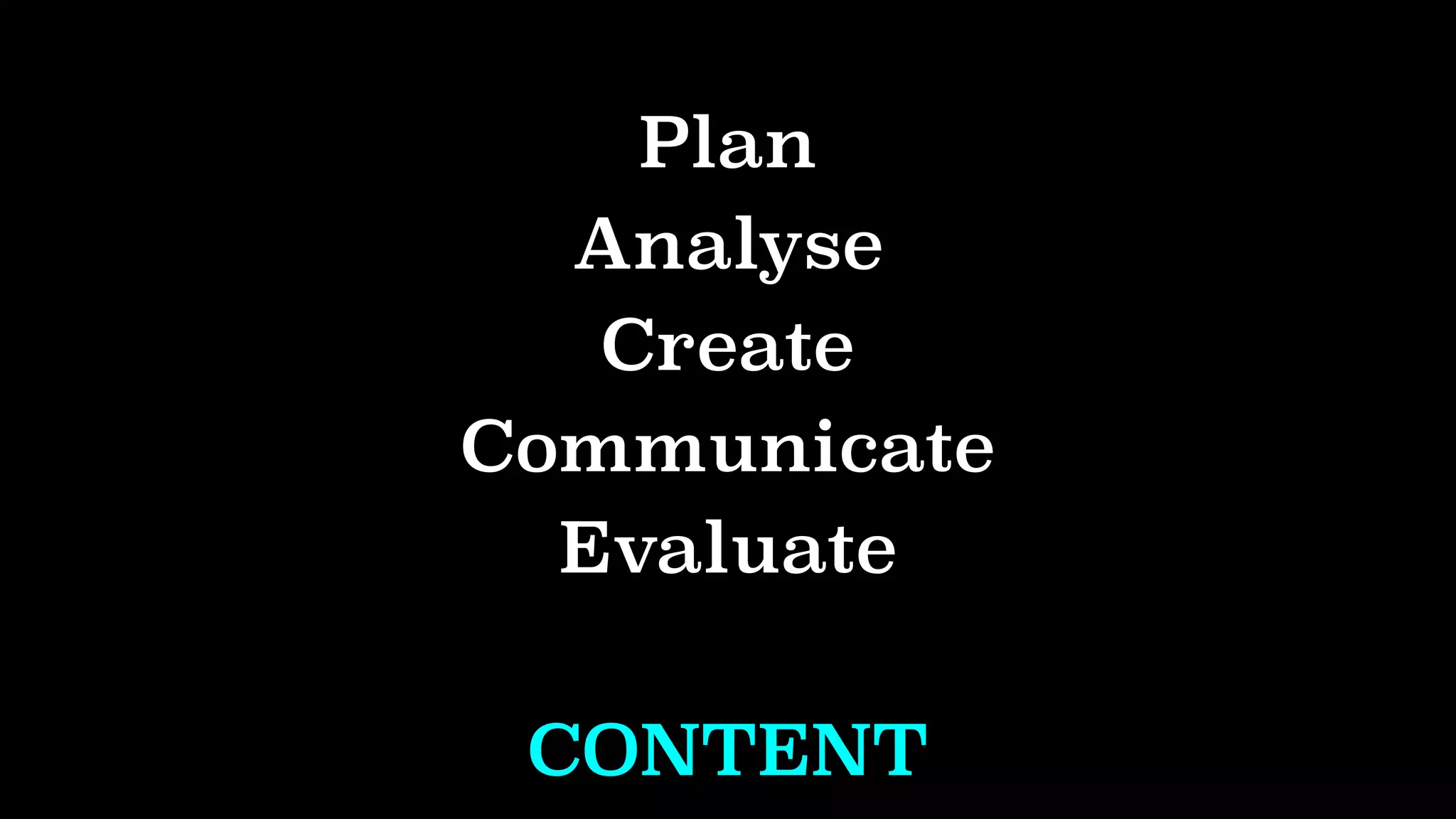Plan
Analyse
Create
Communicate
Evaluate
CONTENT
 