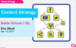 Content Strategy



  Content Strategy

  Battle School // ISL
  Eric Shutt
  Apr. 10, 2013




Thursday, April 11, 13
 