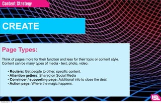 Content Strategy                                                              http://www.123rf.com/photo_13823239_grid-background-blue-red-on-black.html




  CREATE

  Page Types:
  Think of pages more for their function and less for their topic or content style.
  Content can be many types of media - text, photo, video.

             - Routers: Get people to other, specific content.
             - Attention getters: Shared on Social Media
             - Convincer / supporting page: Additional info to close the deal.
             - Action page: Where the magic happens.




Thursday, April 11, 13
 