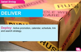Content Strategy



  DELIVER


  Deploy: Active promotion, calendar, schedule, link
  and search strategy.




  http://iamwalkingbackwards.blogspot.com/2012/08/jesus-delivers.html

Thursday, April 11, 13
 