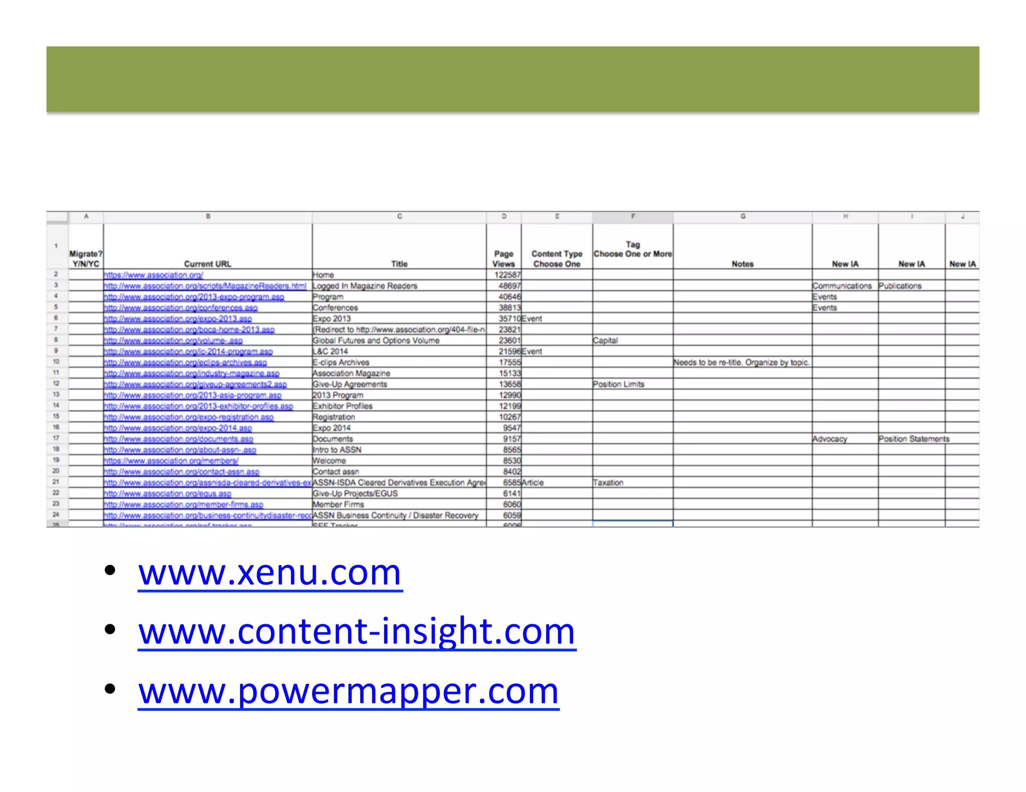 •  www.xenu.com	
  
•  www.content-­‐insight.com	
  
•  www.powermapper.com	
  	
  
 