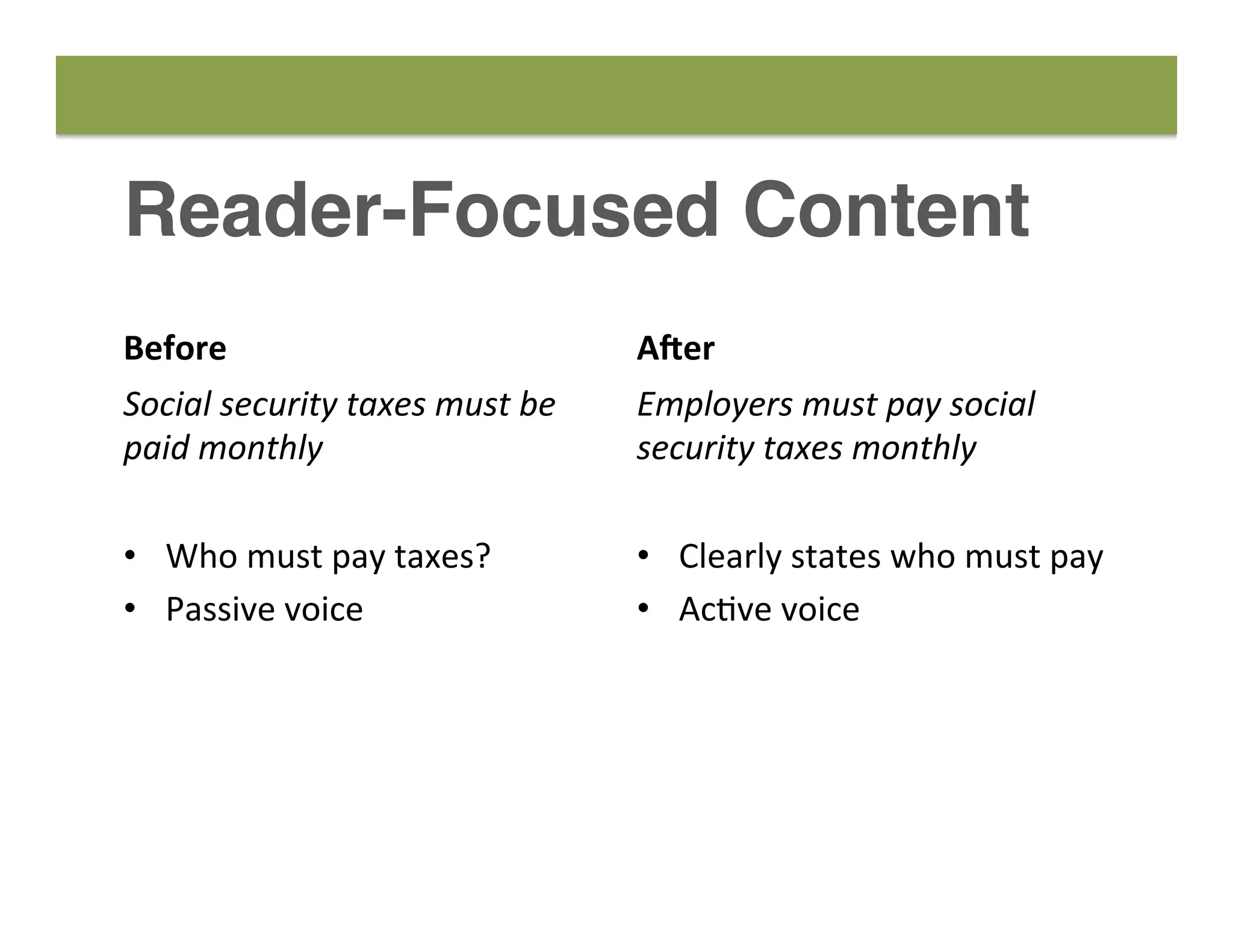 Reader-Focused Content
Before	
  
Social	
  security	
  taxes	
  must	
  be	
  
paid	
  monthly	
  
	
  
•  Who	
  must	
  pay	
  taxes?	
  
•  Passive	
  voice	
  
A5er	
  
Employers	
  must	
  pay	
  social	
  
security	
  taxes	
  monthly	
  
	
  
•  Clearly	
  states	
  who	
  must	
  pay	
  
•  Ac8ve	
  voice	
  
 