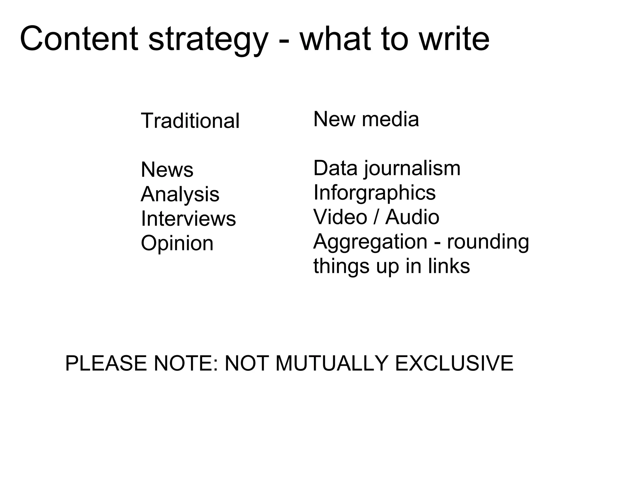 Content strategy - what to write

        Traditional   New media

        News          Data journalism
        Analysis      Inforgraphics
        Interviews    Video / Audio
        Opinion       Aggregation - rounding
                      things up in links



   PLEASE NOTE: NOT MUTUALLY EXCLUSIVE
 