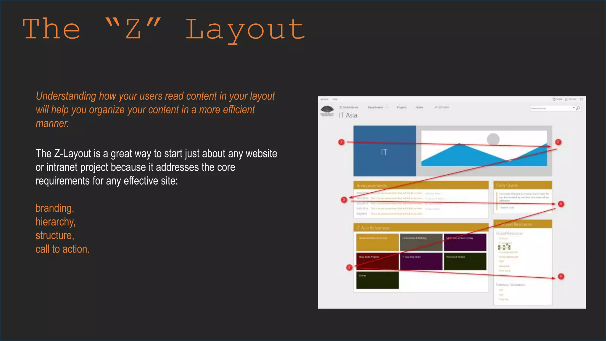 The “Z” Layout
The Z-Layout is a great way to start just about any website
or intranet project because it addresses the core
requirements for any effective site:
branding,
hierarchy,
structure,
call to action.
Understanding how your users read content in your layout
will help you organize your content in a more efficient
manner.
 