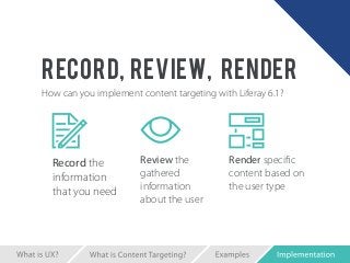 record
You can record user information by:
•	 Adding custom fields to a user’s profile
- e.g., country, persona, title
•	 ...