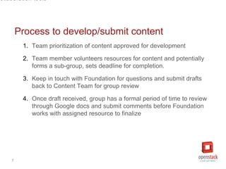 7
1. Team prioritization of content approved for development
2. Team member volunteers resources for content and potential...
