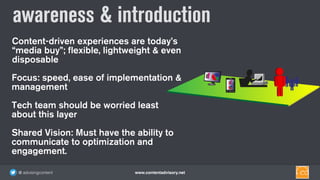 www.contentadvisory.net@ advisingcontent
Content-driven experiences are today’s
“media buy”; flexible, lightweight & even
disposable
Focus: speed, ease of implementation &
management
Tech team should be worried least
about this layer
Shared Vision: Must have the ability to
communicate to optimization and
engagement.
awareness & introduction
 