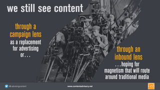 www.contentadvisory.net@ advisingcontent
as a replacement
for advertising
or…
through a
campaign lens
…hoping for
magnetism that will route 
around traditional media
through an
inbound lens
we still see content
 