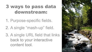 3 ways to pass data
downstream:
1.  Purpose-specific fields.
2.  A single “mash-up” field.
3.  A single URL field that links
back to your interactive
content tool.
 