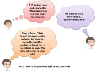 Do u think so, he will come back to you in future?
A IT student came
and googled for
“JAVA Basics” and
found so many
search result.
He clicked on top
most link i.e.,
“dummycontent.com”
Topic titled as “JAVA
Basics” displayed on this
website. But when he
started to read that
content he found this is
not related to JAVA. This
content belongs to other
topic.
 
