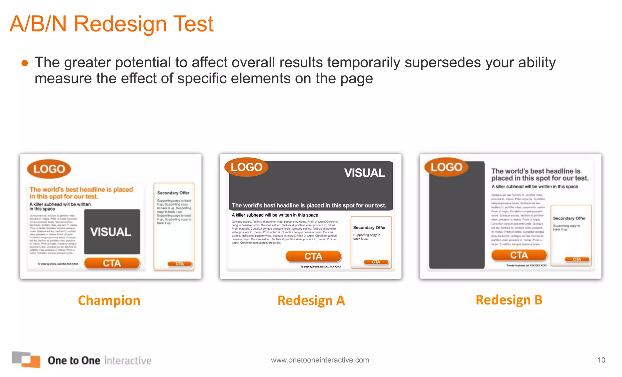 A/B/N Redesign TestThe “A/B/…N” approach provides the simplest approach to Content Testing and OptimizationRedesign BChampion PageRedesign A