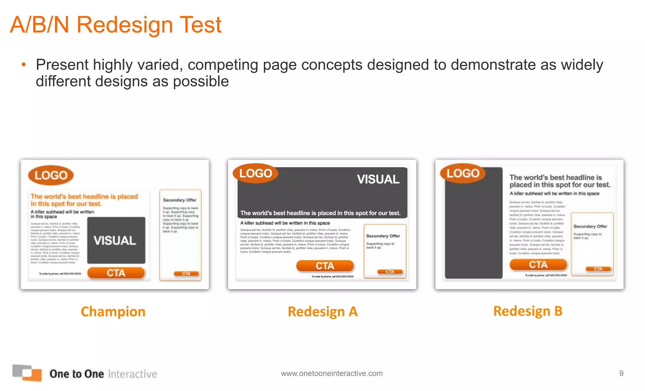 Approach To Content Testing and OptimizationObjectivesCreate ROI positive sustainable improvements in content performance against desired actionsBuild ongoing optimization engineApproachConduct test in waves against specific objectives Design tests to always achieve statistical significance with rapid turnaround times (2-6 weeks)Test FormatsContent development (A/B/N testing)Content elements (multivariate optimization testing)