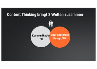 Content Thinking bringt 2 Welten zusammen
Kommunikation
PR
User Centererd
Design/UX
 