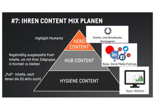 #7: IHREN CONTENT MIX PLANEN
HERO
CONTENT
HUB CONTENT
HYGIENE CONTENT
„Pull“- Inhalte, nach
denen die ZG aktiv sucht
43
Bspw. Website
Regelmäßig ausgespielte Push
Inhalte, um mit Ihrer Zielgruppe
in Kontakt zu bleiben
Highlight Momente
Bspw. Social Media Postings
Events, Live Broadcasts,
Kampagnen
 
