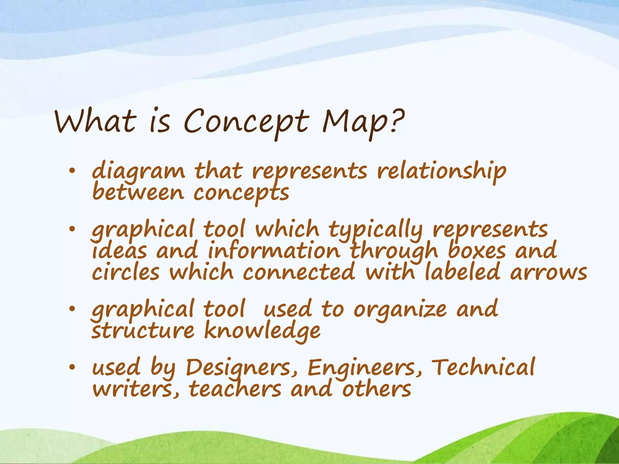 What is Concept Map?
• diagram that represents relationship
between concepts
• graphical tool which typically represents
ideas and information through boxes and
circles which connected with labeled arrows
• graphical tool used to organize and
structure knowledge
• used by Designers, Engineers, Technical
writers, teachers and others
 